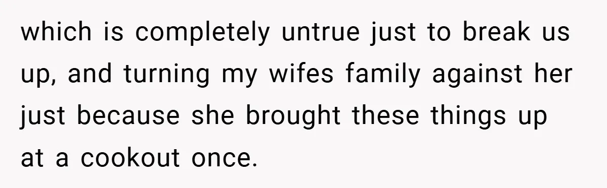 which is completely untrue just to break us up, and turning my wifes family against her just because she brought these things up at a cookout once.