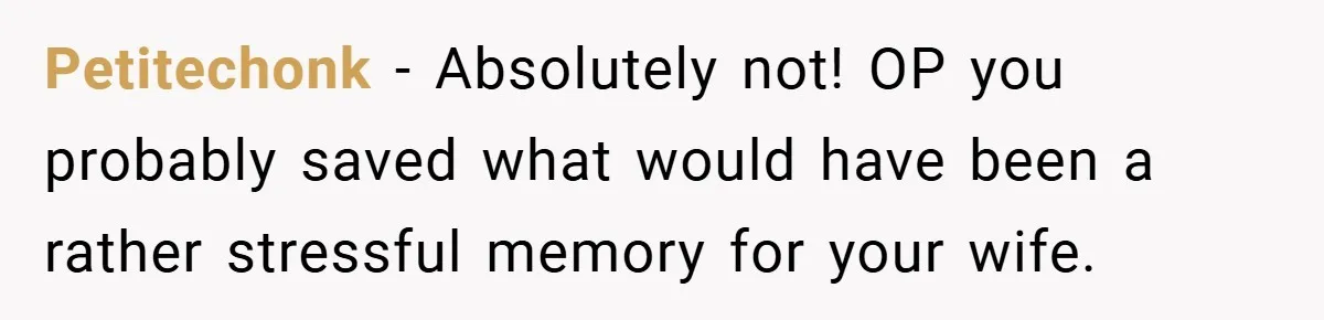 Petitechonk − Absolutely not! OP you probably saved what would have been a rather stressful memory for your wife.