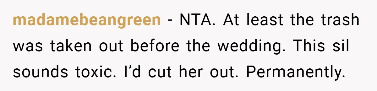 madamebeangreen − NTA. At least the trash was taken out before the wedding. This sil sounds toxic. I’d cut her out. Permanently.