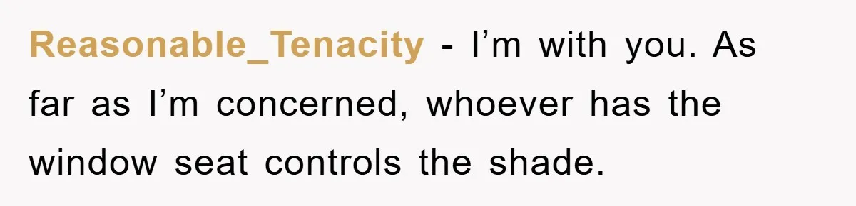 Reasonable_Tenacity − I’m with you. As far as I’m concerned, whoever has the window seat controls the shade.