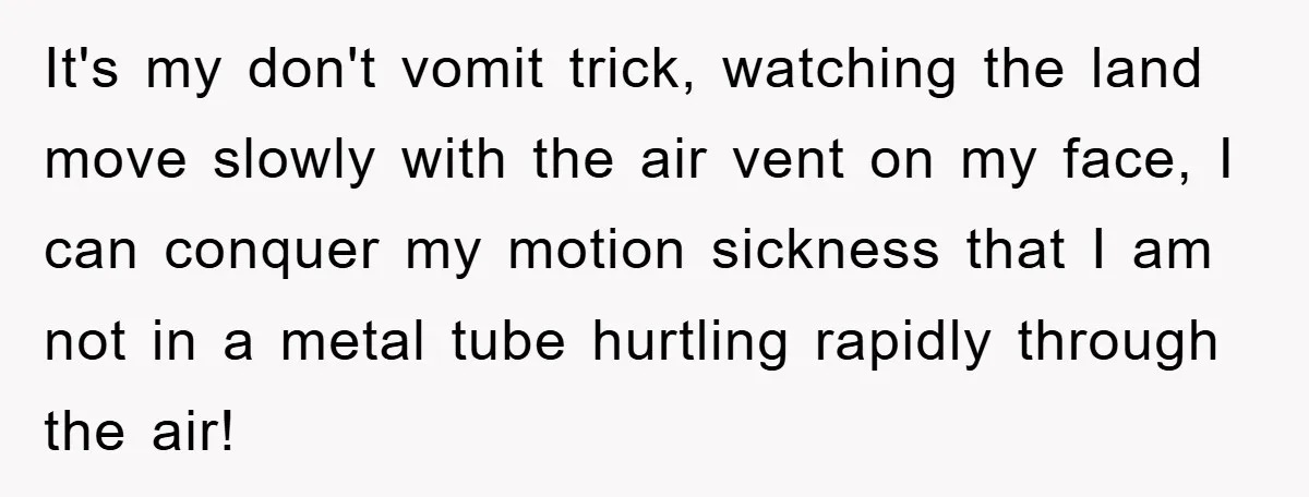 It's my don't vomit trick, watching the land move slowly with the air vent on my face, I can conquer my motion sickness that I am not in a metal...