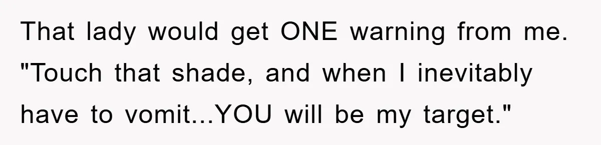 That lady would get ONE warning from me. "Touch that shade, and when I inevitably have to vomit...YOU will be my target."