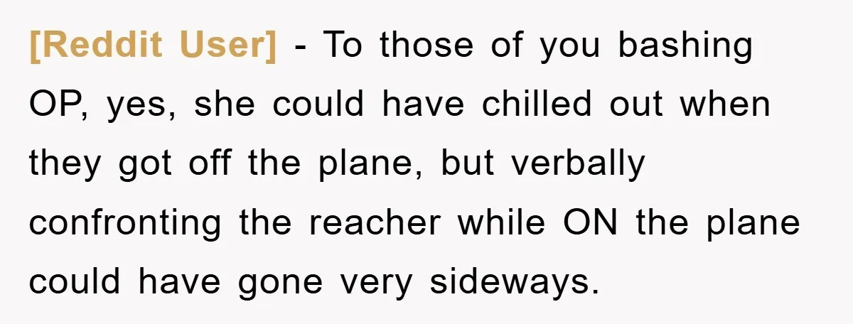 [Reddit User] − To those of you bashing OP, yes, she could have chilled out when they got off the plane, but verbally confronting the reacher while ON the plane...