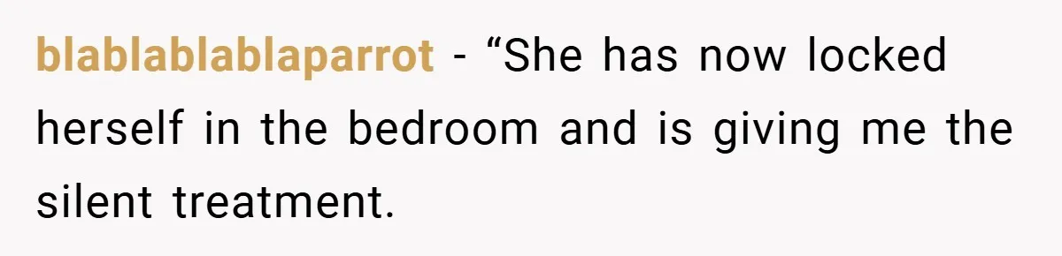 blablablablaparrot − “She has now locked herself in the bedroom and is giving me the silent treatment.