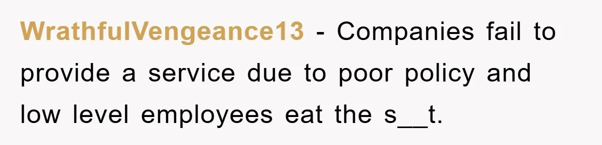 WrathfulVengeance13 − Companies fail to provide a service due to poor policy and low level employees eat the s__t.