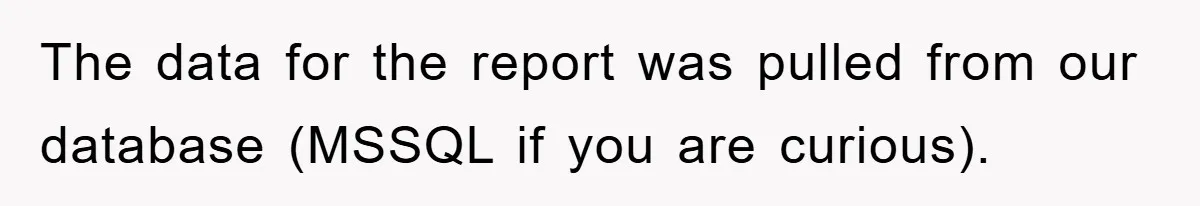 The data for the report was pulled from our database (MSSQL if you are curious).