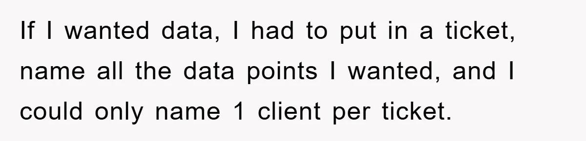 If I wanted data, I had to put in a ticket, name all the data points I wanted, and I could only name 1 client per ticket.