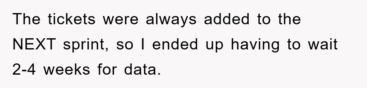 The tickets were always added to the NEXT sprint, so I ended up having to wait 2-4 weeks for data.