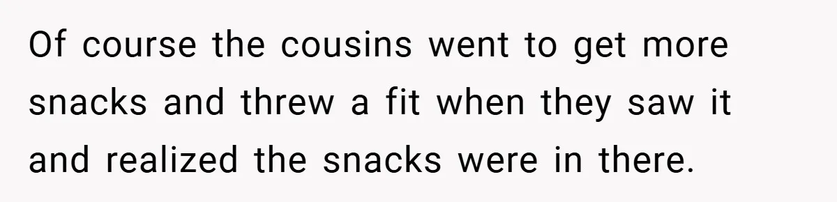 Woman Buys Her Own Snacks But Mom Keeps Letting The Cousins Eat Them, So Dad Gets Her A Locked Snack Bin Of course the cousins went to get more snacks and threw a fit when they saw it and realized the snacks were in there.
