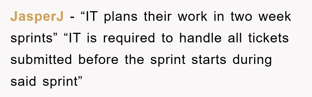 JasperJ − “IT plans their work in two week sprints” “IT is required to handle all tickets submitted before the sprint starts during said sprint”