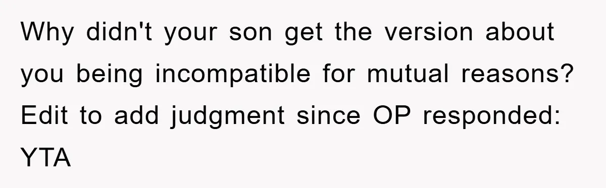 Why didn't your son get the version about you being incompatible for mutual reasons? Edit to add judgment since OP responded: YTA