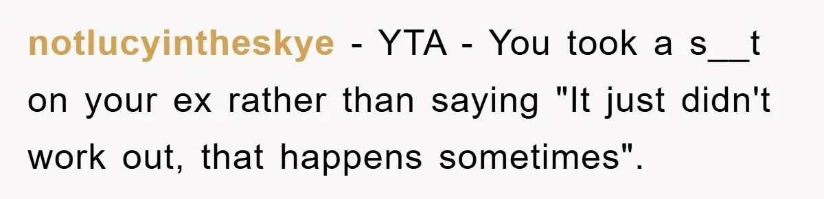 notlucyintheskye − YTA - You took a s__t on your ex rather than saying "It just didn't work out, that happens sometimes".