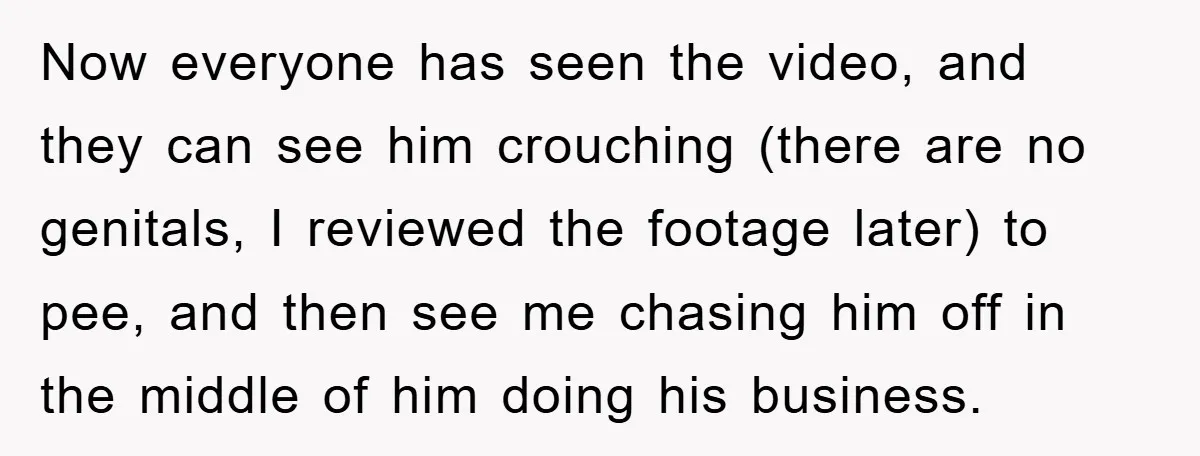 Now everyone has seen the video, and they can see him crouching (there are no genitals, I reviewed the footage later) to pee, and then see me chasing him off...