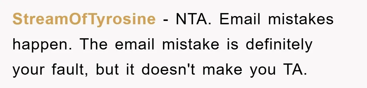 StreamOfTyrosine − NTA. Email mistakes happen. The email mistake is definitely your fault, but it doesn't make you TA.