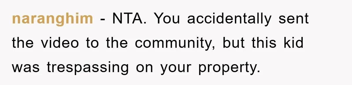 naranghim − NTA. You accidentally sent the video to the community, but this kid was trespassing on your property.