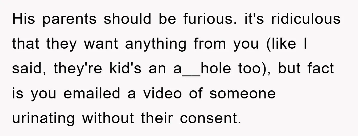 His parents should be furious. it's ridiculous that they want anything from you (like I said, they're kid's an a__hole too), but fact is you emailed a video of someone...