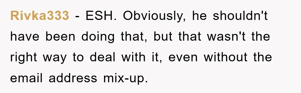 Rivka333 − ESH. Obviously, he shouldn't have been doing that, but that wasn't the right way to deal with it, even without the email address mix-up.