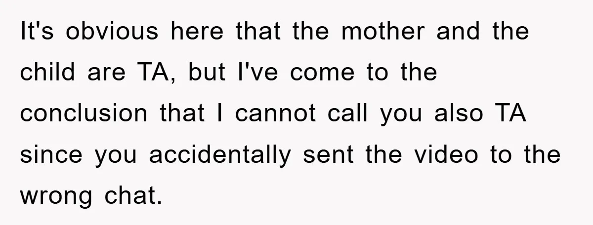 It's obvious here that the mother and the child are TA, but I've come to the conclusion that I cannot call you also TA since you accidentally sent the video...
