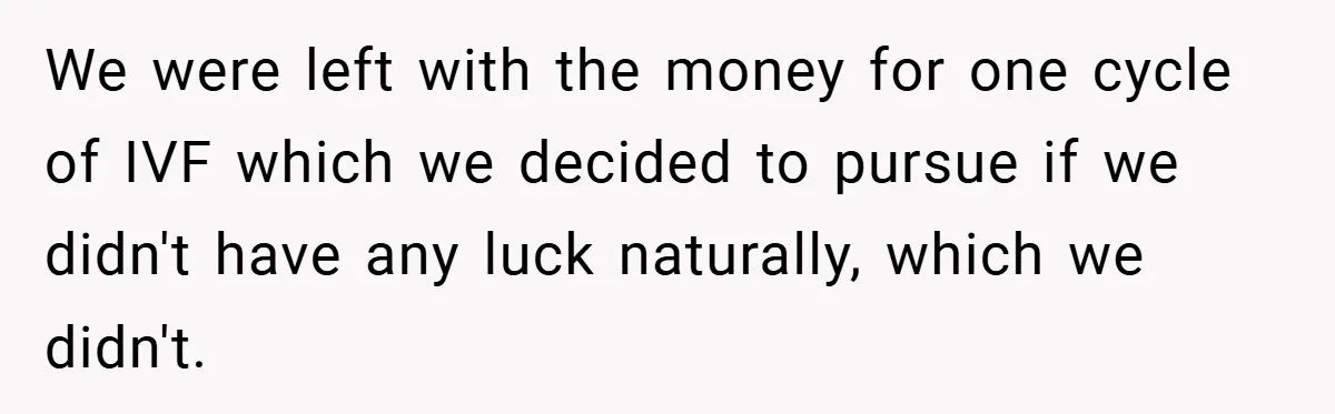 We were left with the money for one cycle of IVF which we decided to pursue if we didn't have any luck naturally, which we didn't.