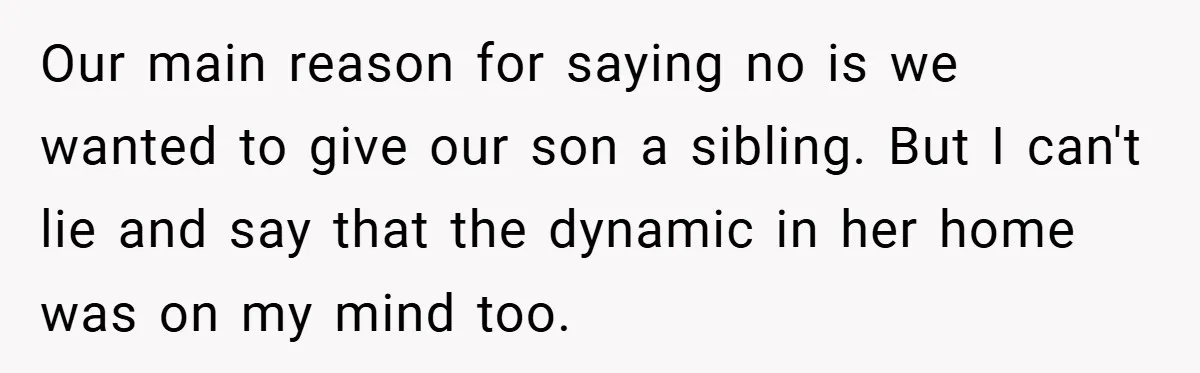 Our main reason for saying no is we wanted to give our son a sibling. But I can't lie and say that the dynamic in her home was on my...