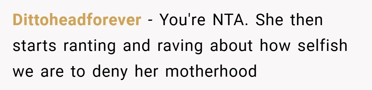 Dittoheadforever − You're NTA. She then starts ranting and raving about how selfish we are to deny her motherhood