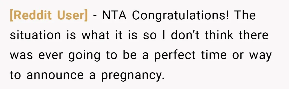 [Reddit User] − NTA Congratulations! The situation is what it is so I don’t think there was ever going to be a perfect time or way to announce a pregnancy.