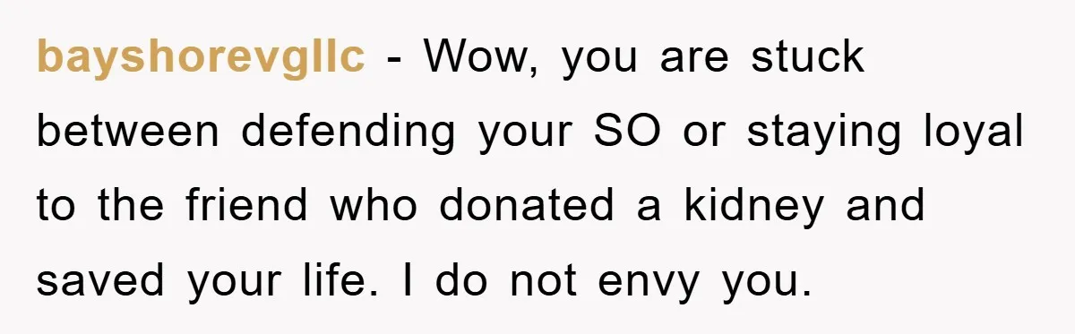 bayshorevgllc − Wow, you are stuck between defending your SO or staying loyal to the friend who donated a kidney and saved your life. I do not envy you.