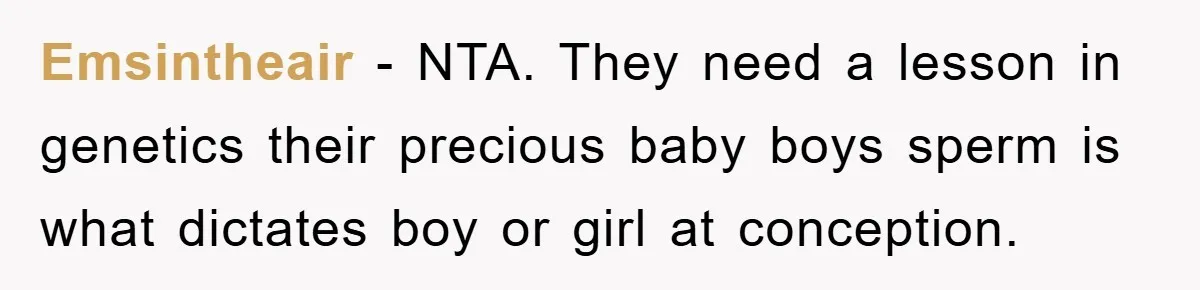 Emsintheair − NTA. They need a lesson in genetics their precious baby boys sperm is what dictates boy or girl at conception.
