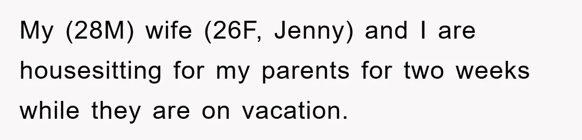 My (28M) wife (26F, Jenny) and I are housesitting for my parents for two weeks while they are on vacation.