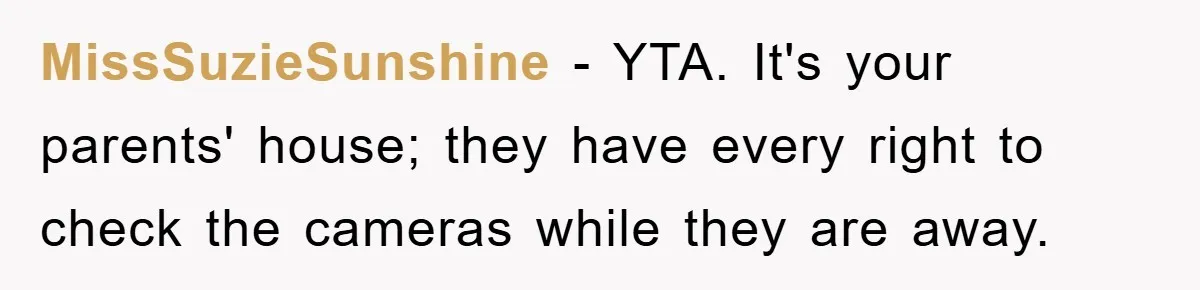 MissSuzieSunshine − YTA. It's your parents' house; they have every right to check the cameras while they are away.