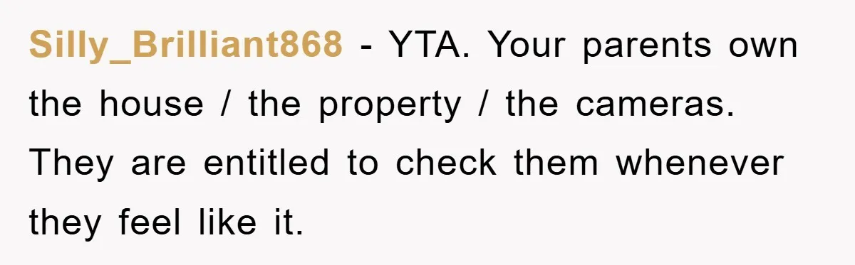 Silly_Brilliant868 − YTA. Your parents own the house / the property / the cameras. They are entitled to check them whenever they feel like it.