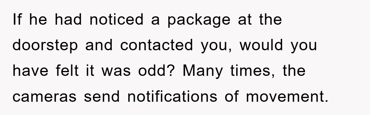 If he had noticed a package at the doorstep and contacted you, would you have felt it was odd? Many times, the cameras send notifications of movement.