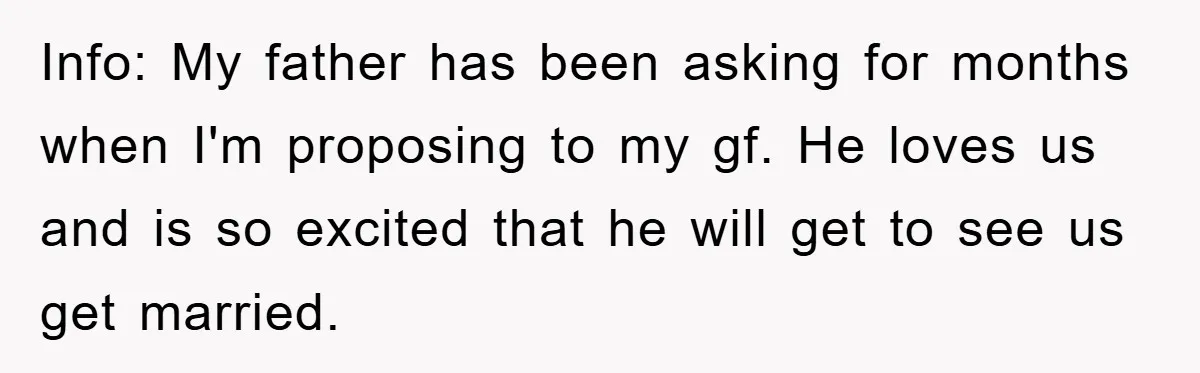 Info: My father has been asking for months when I'm proposing to my gf. He loves us and is so excited that he will get to see us get married.