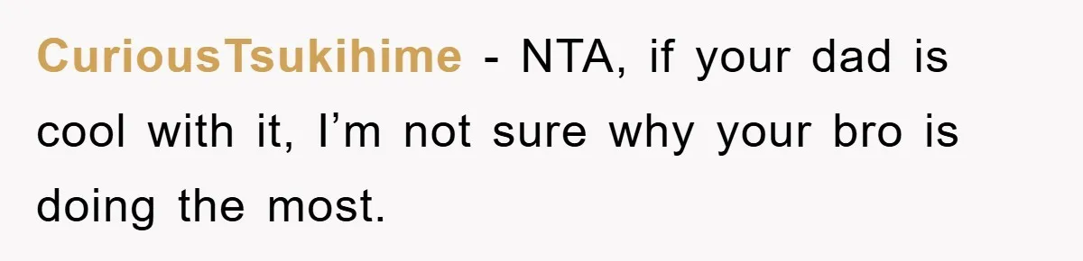 CuriousTsukihime − NTA, if your dad is cool with it, I’m not sure why your bro is doing the most.