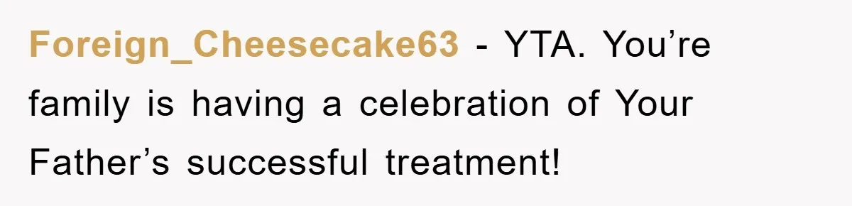 Foreign_Cheesecake63 − YTA. You’re family is having a celebration of Your Father’s successful treatment!