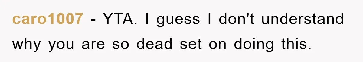 caro1007 − YTA. I guess I don't understand why you are so dead set on doing this.