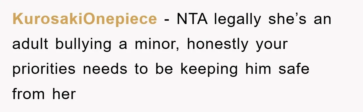 KurosakiOnepiece − NTA legally she’s an adult bullying a minor, honestly your priorities needs to be keeping him safe from her