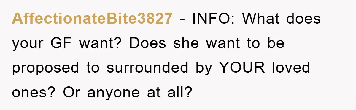 AffectionateBite3827 − INFO: What does your GF want? Does she want to be proposed to surrounded by YOUR loved ones? Or anyone at all?