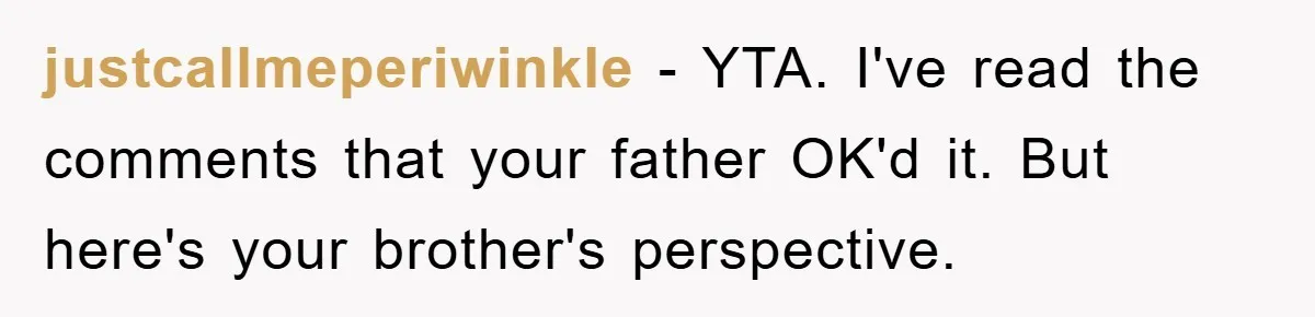 justcallmeperiwinkle − YTA. I've read the comments that your father OK'd it. But here's your brother's perspective.