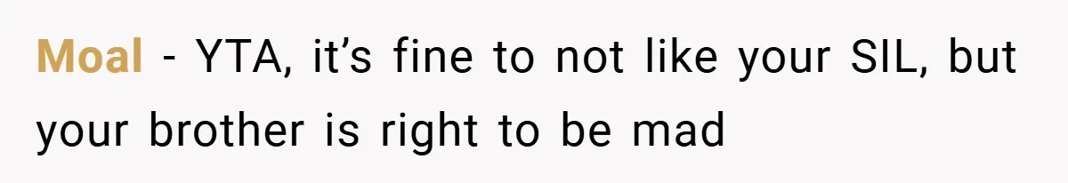 Moal − YTA, it’s fine to not like your SIL, but your brother is right to be mad
