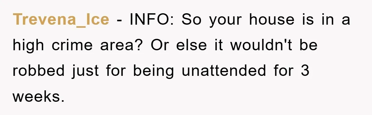 Mom Arrested, Dad Deployed Abroad, 17-Year-Old Daughter Abandons Home, Robbers Steal Everything, Stepsister Explodes In Fury Trevena_Ice − INFO: So your house is in a high crime area? Or else it wouldn't be robbed just for being unattended for 3 weeks.
