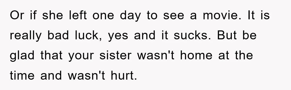 Mom Arrested, Dad Deployed Abroad, 17-Year-Old Daughter Abandons Home, Robbers Steal Everything, Stepsister Explodes In Fury Or if she left one day to see a movie. It is really bad luck, yes and it sucks. But be glad that your sister wasn't home at the time...