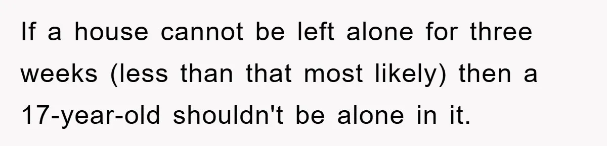 Mom Arrested, Dad Deployed Abroad, 17-Year-Old Daughter Abandons Home, Robbers Steal Everything, Stepsister Explodes In Fury If a house cannot be left alone for three weeks (less than that most likely) then a 17-year-old shouldn't be alone in it.