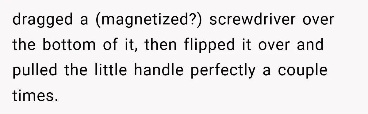 dragged a (magnetized?) screwdriver over the bottom of it, then flipped it over and pulled the little handle perfectly a couple times.