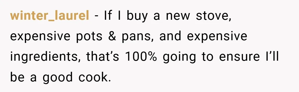 winter_laurel − If I buy a new stove, expensive pots & pans, and expensive ingredients, that’s 100% going to ensure I’ll be a good cook.