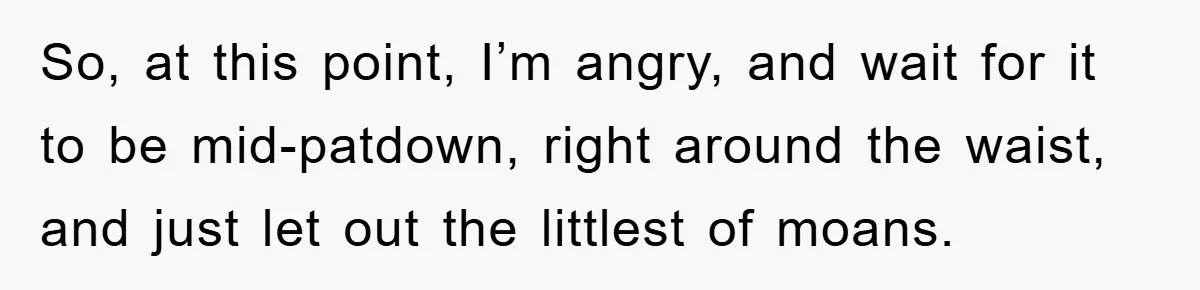 So, at this point, I’m angry, and wait for it to be mid-patdown, right around the waist, and just let out the littlest of moans.