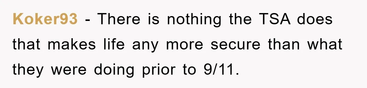 Koker93 − There is nothing the TSA does that makes life any more secure than what they were doing prior to 9/11.