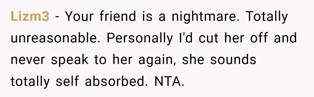 Woman Shows Up 6 Hours Late, Gets Mad When Best Friend Refuse To Let Her In Lizm3 − Your friend is a nightmare. Totally unreasonable. Personally I'd cut her off and never speak to her again, she sounds totally self absorbed. NTA.