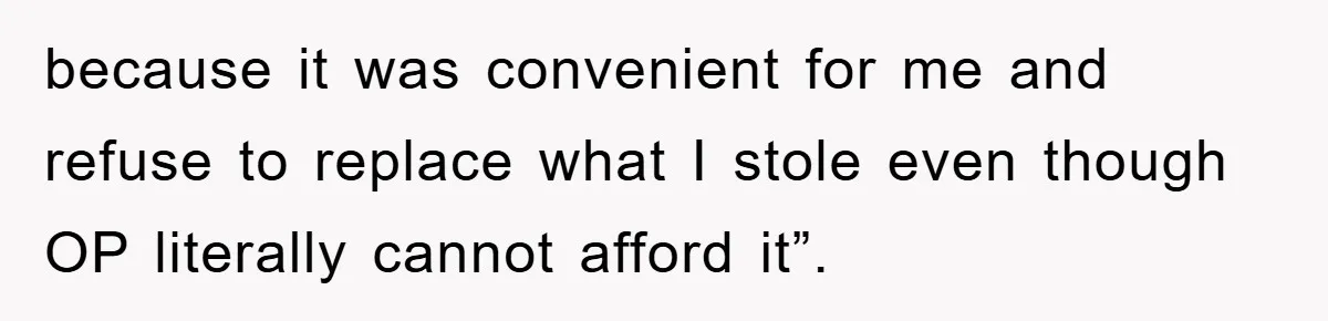 because it was convenient for me and refuse to replace what I stole even though OP literally cannot afford it”.