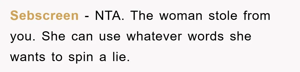 Sebscreen − NTA. The woman stole from you. She can use whatever words she wants to spin a lie.